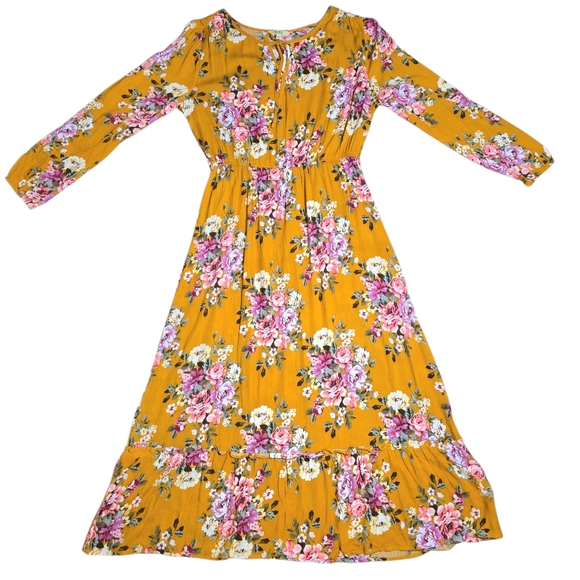 KORI America Boutique Floral Golden Yellow Dress Boho Romantic Tie-Neck – Size L - Picture 4 of 17